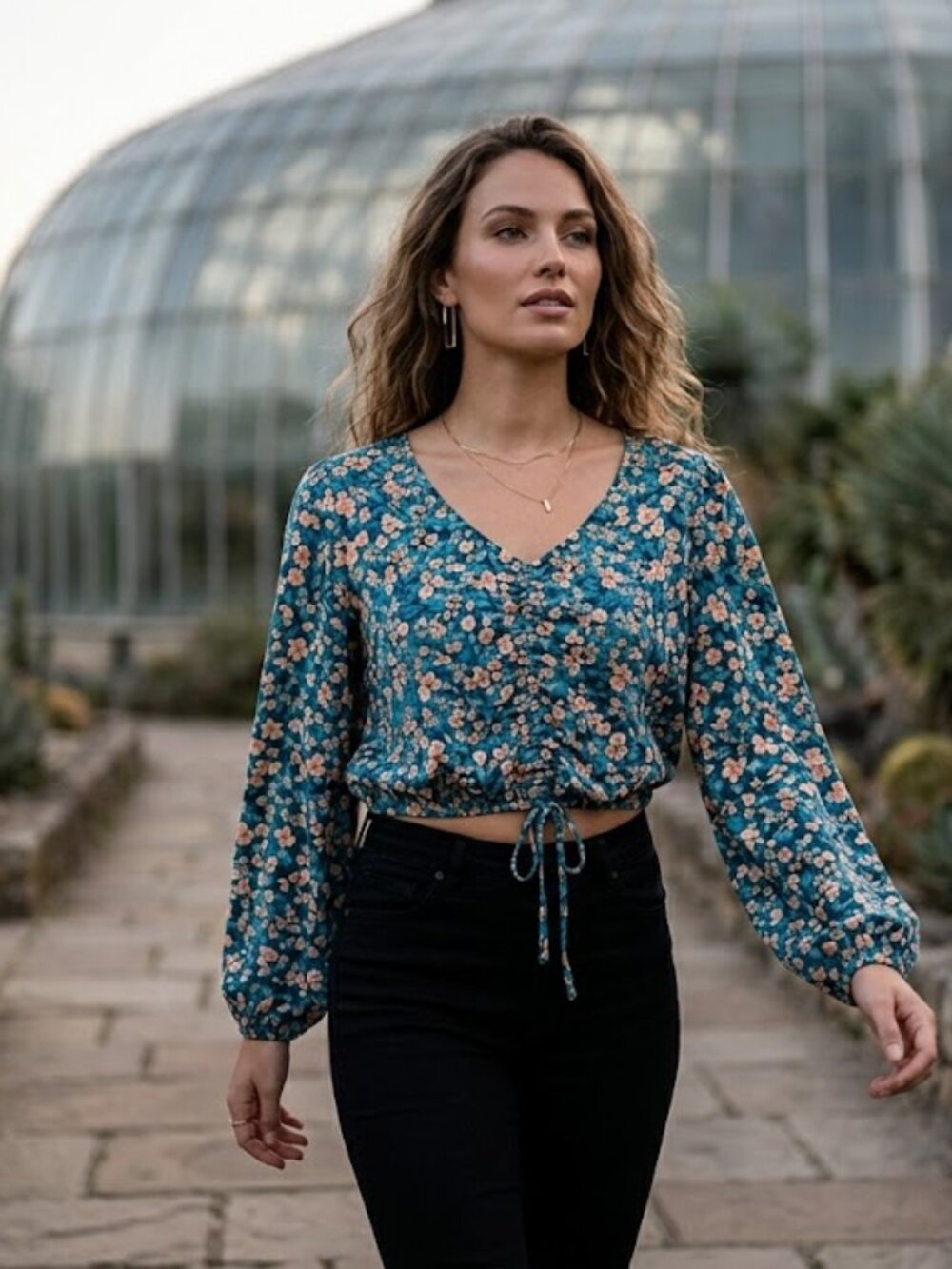 SO Teal Floral V-Neck Long Sleeve Drawstring Crop Top Blouse Size XL